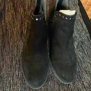 Black Suede Booties - SHORT 1inch HEEL.  Perfect Condition.  Back zipper size 8